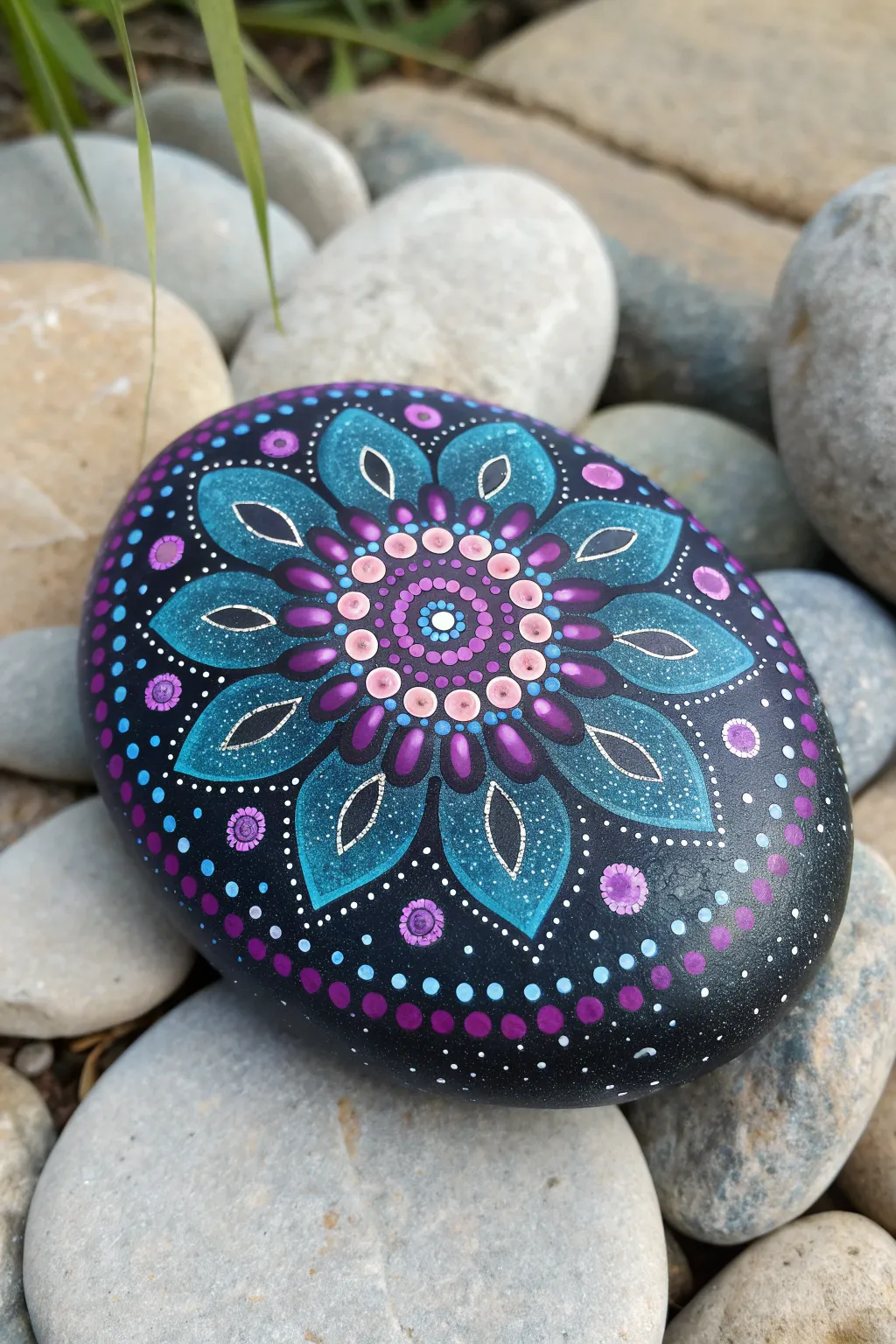 Galaxy mandala rock painting idea: dark night-sky blend with crisp dots and starry accents.