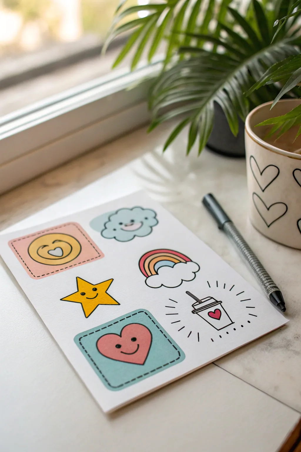 Sticker-style marker doodles with thick white borders and bold outlines, clean and bright.