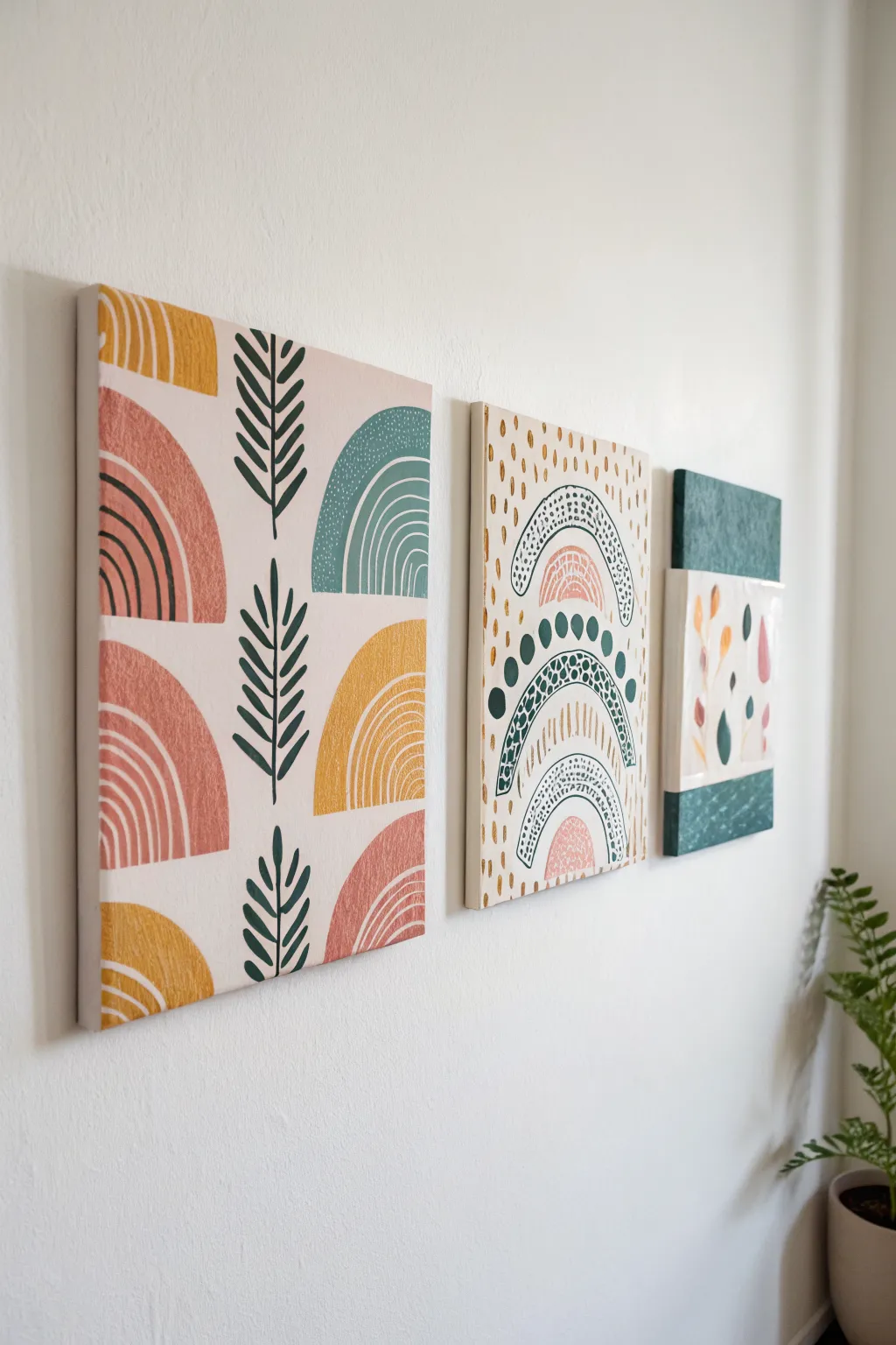 Minimalist DIY triptych in a shared palette for instant modern art wall styling at home.