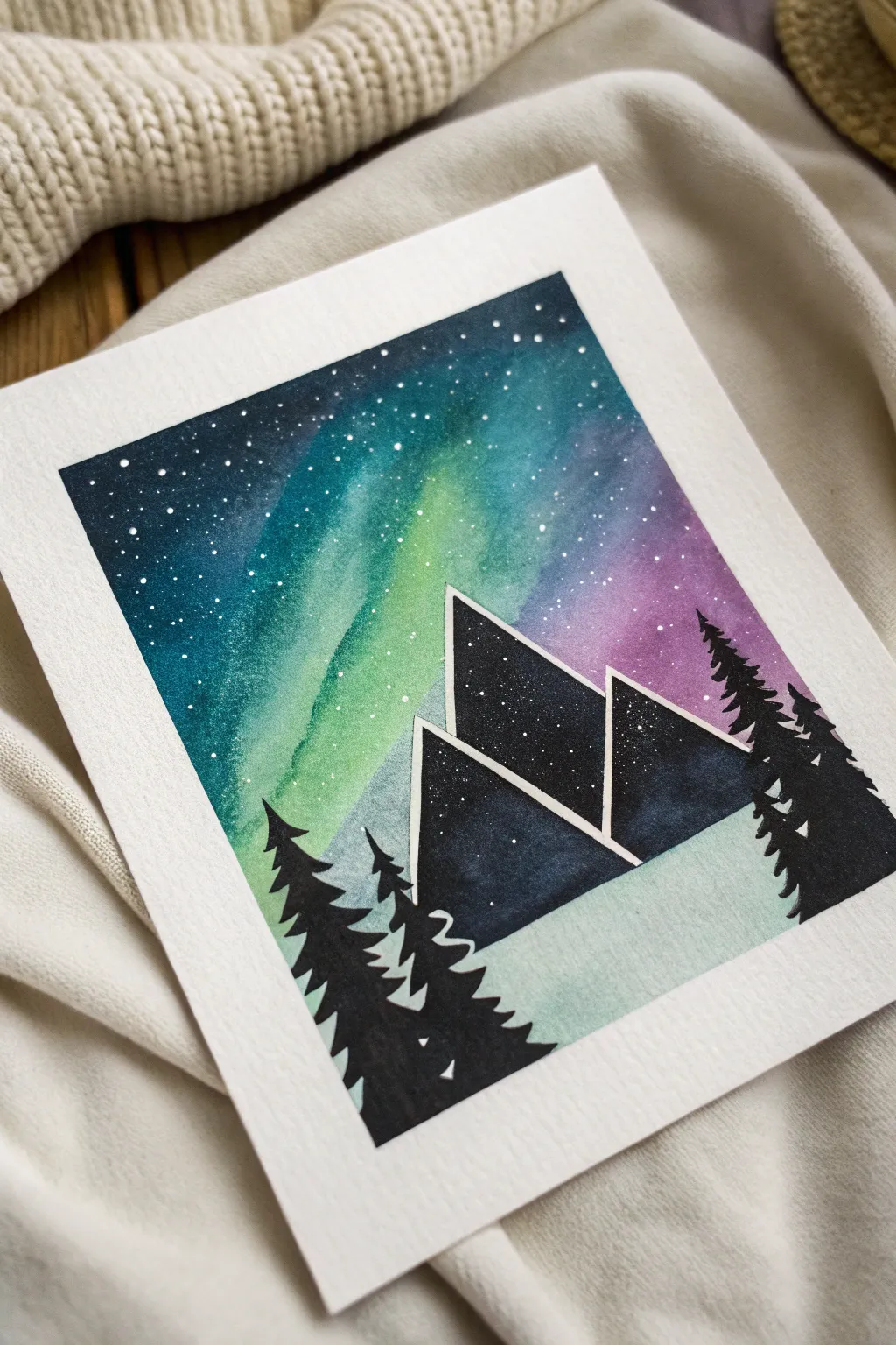 Geometric aurora gradients over triangle mountains, a clean modern northern lights painting idea.
