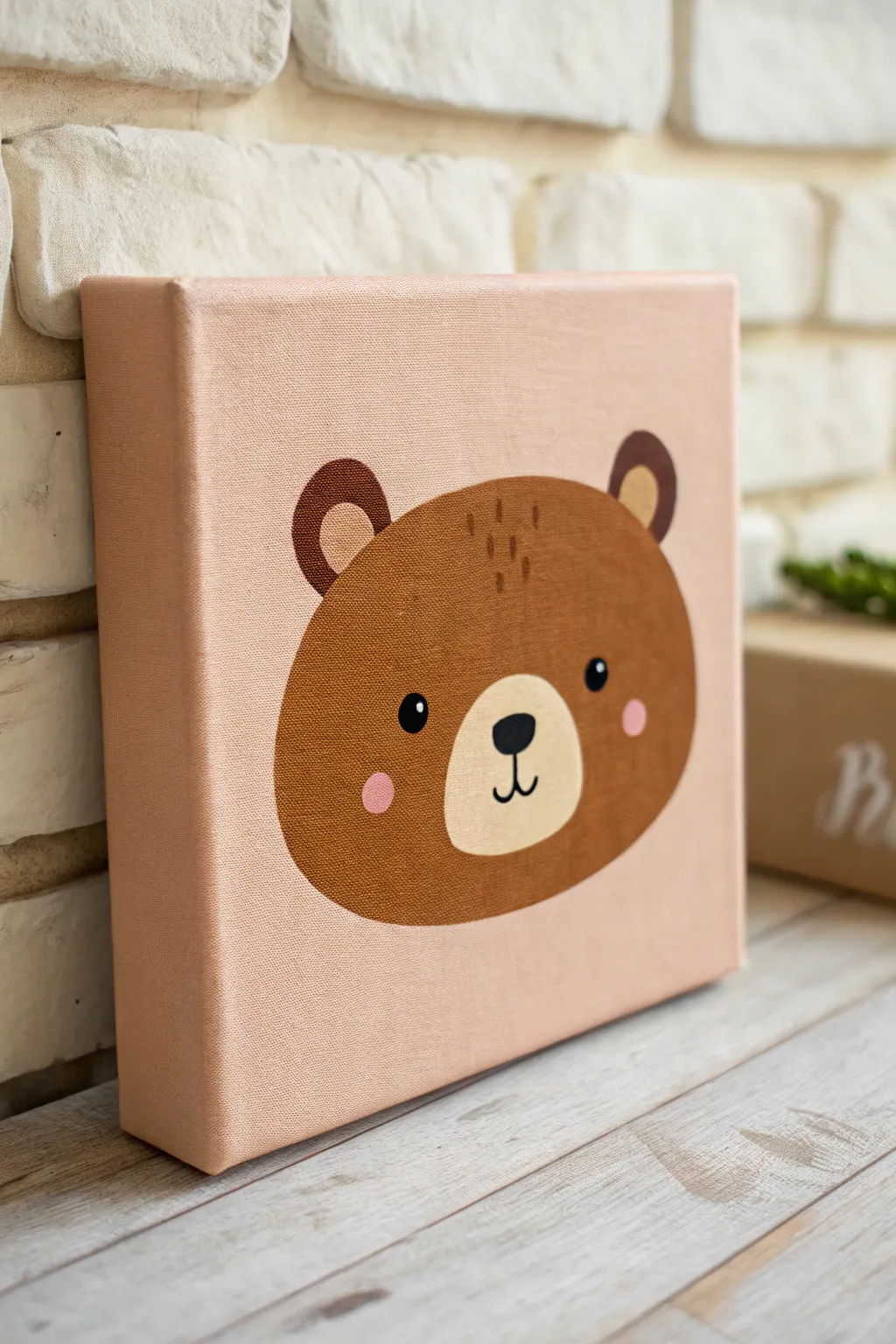 Minimal bear face painting on warm blush background, clean lines and cozy Scandinavian charm.