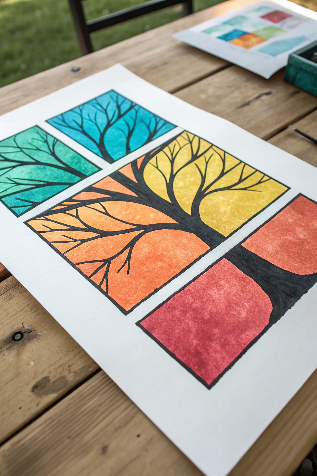 Bold faux stained-glass tree with easy fill-in sections, perfect calming painting activity.