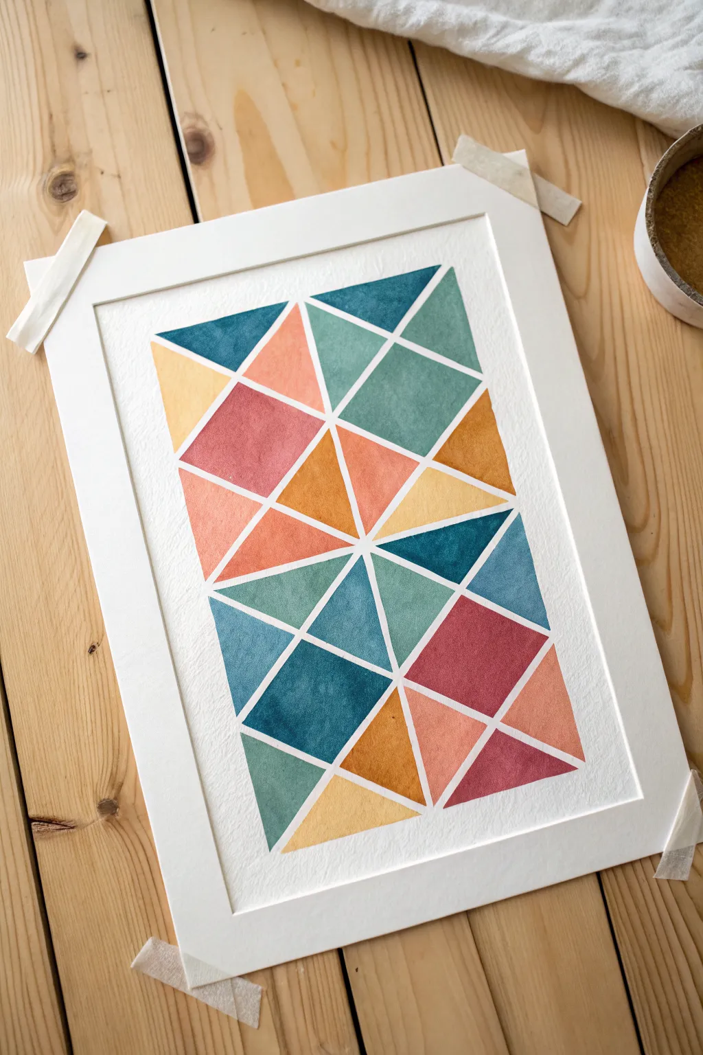 Tape-masked geometric blocks with bold color fills and crisp white borders for an easy modern painting