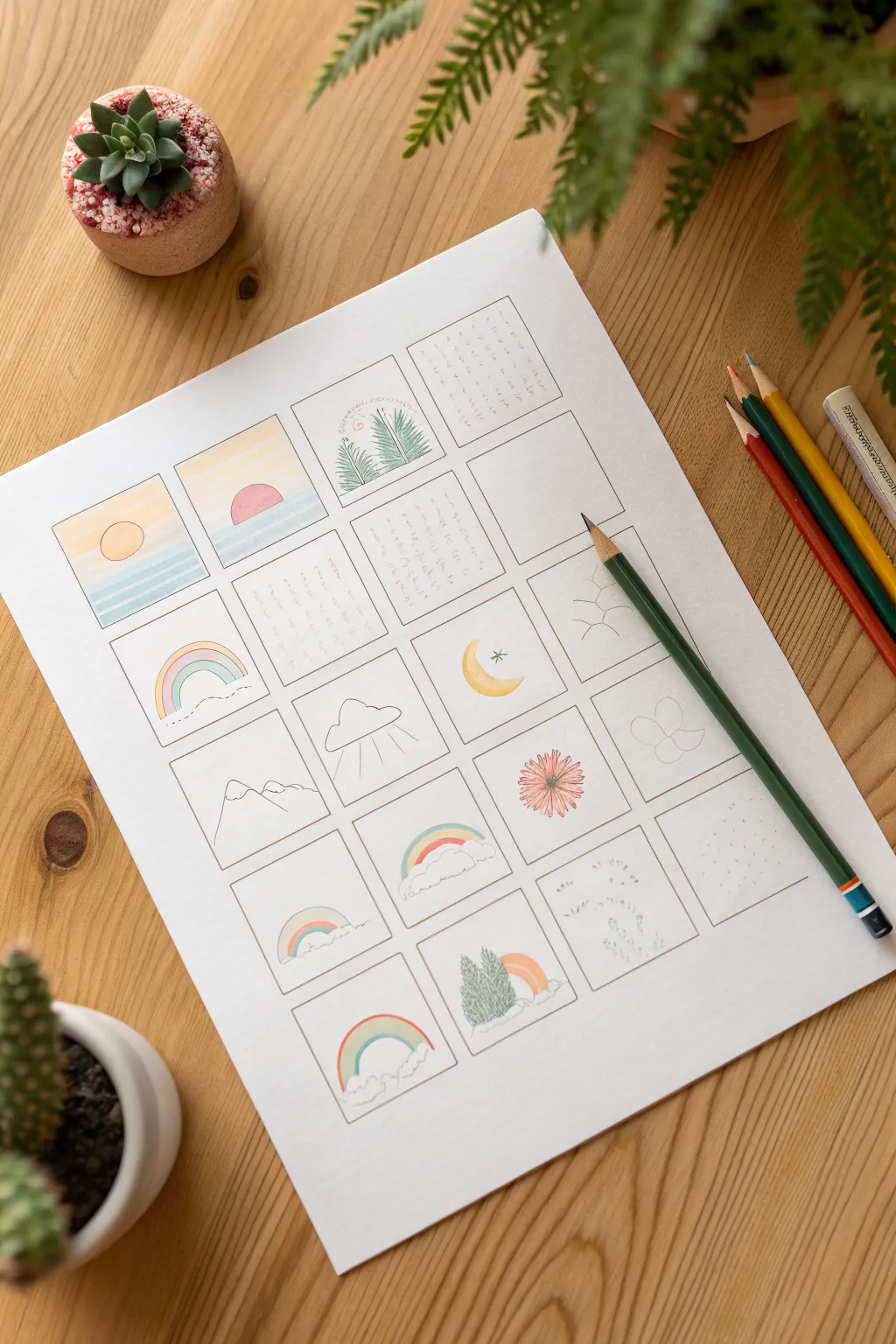Tiny stamp-size color scenes in a clean grid, a simple and punchy colored pencil idea.