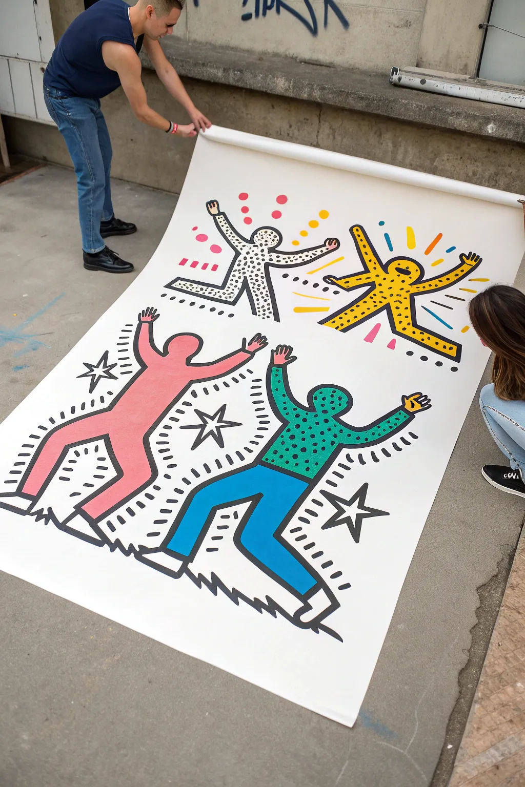 Bold faceless dancers with radiating lines in bright pop art colors on a clean minimalist sheet