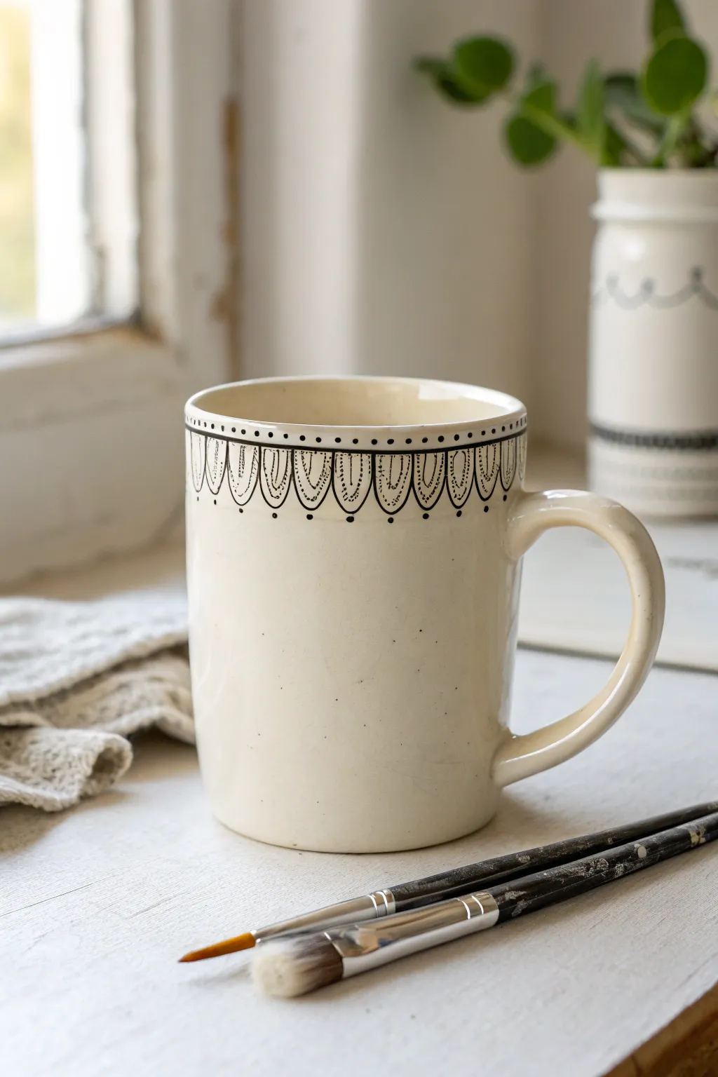 Minimal line art face on a handmade mug for an easy, modern pottery painting idea