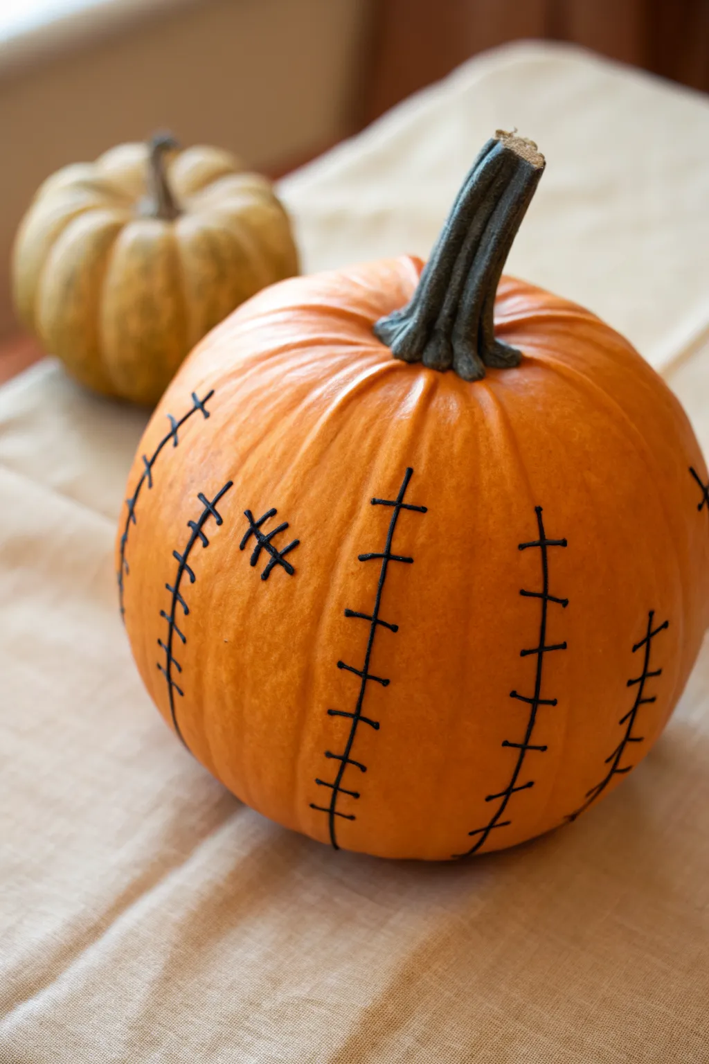 Stitched Frankenstein patch pumpkin marker design, bold lines and cozy minimalist fall vibes