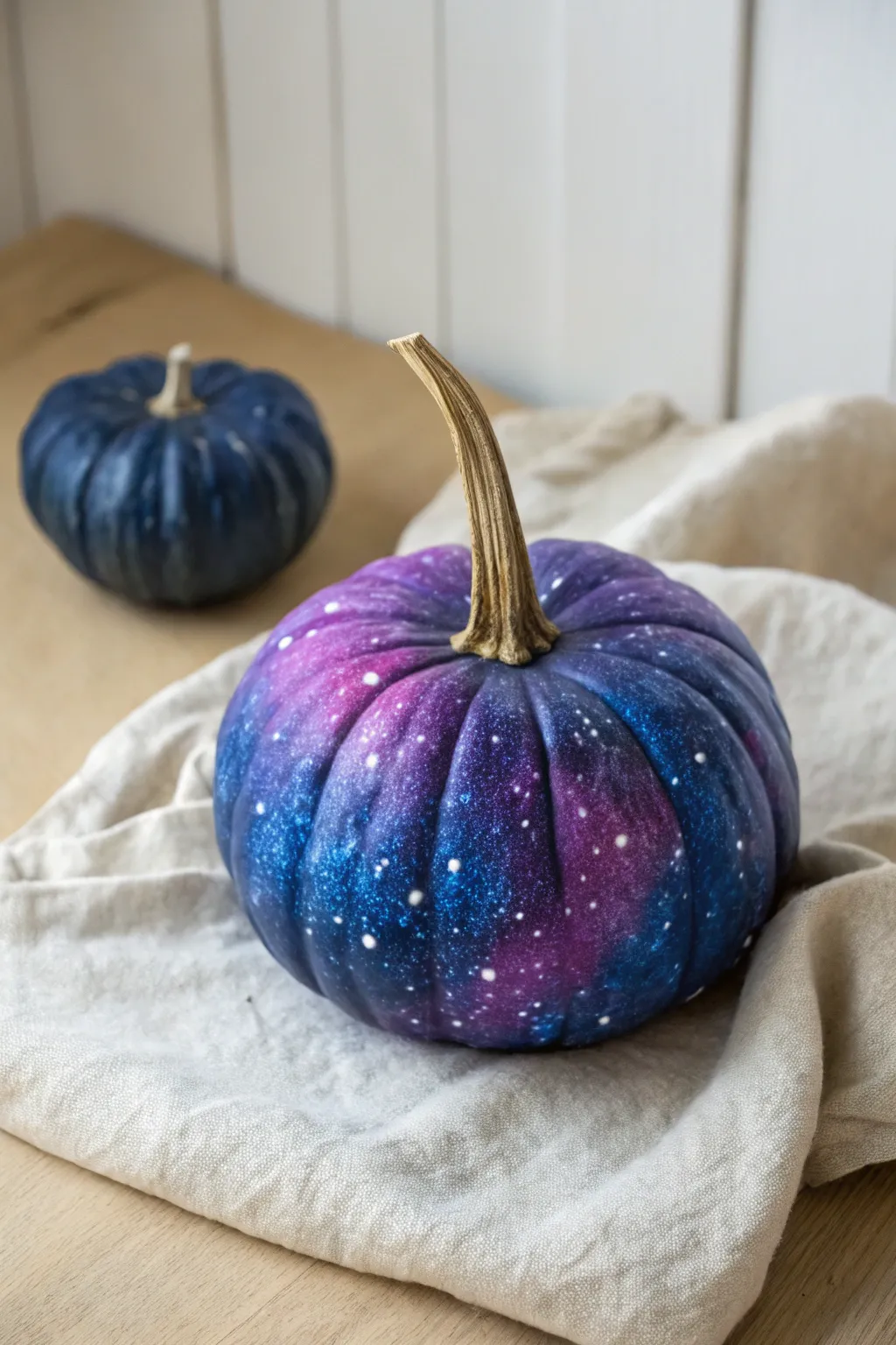 Galaxy swirl pumpkin painting that kids can make, bold blues and purples with star splatter