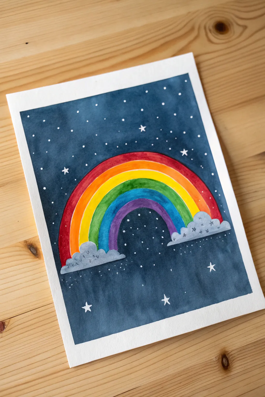 Rainbow night sky painting: a glowing arch and simple star dots against a dark, moody background.