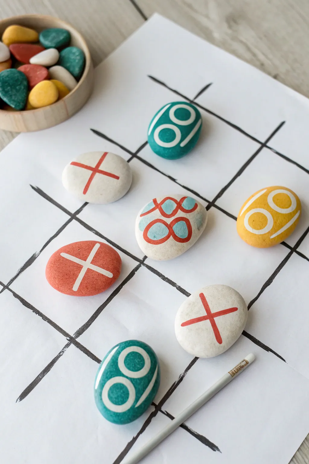 Bold X and O painted rocks on a clean grid for an easy, kid-friendly DIY tic-tac-toe set