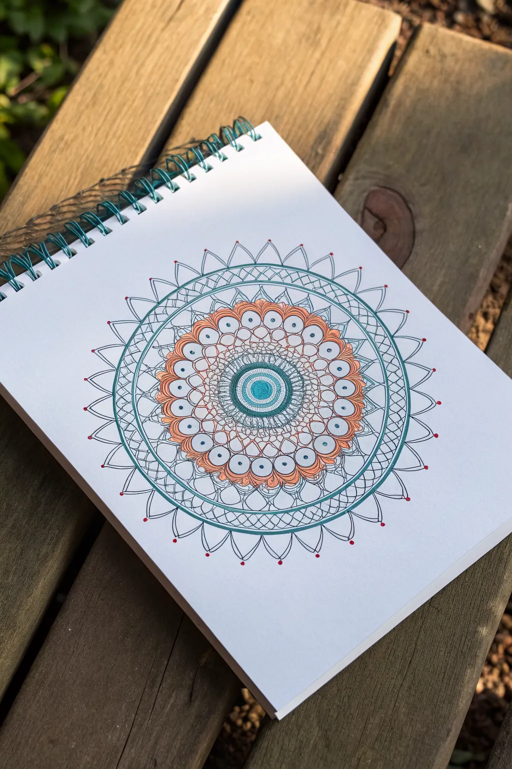 Calm loopy-ring scribble mandala in bold colors, centered on clean white paper flat lay