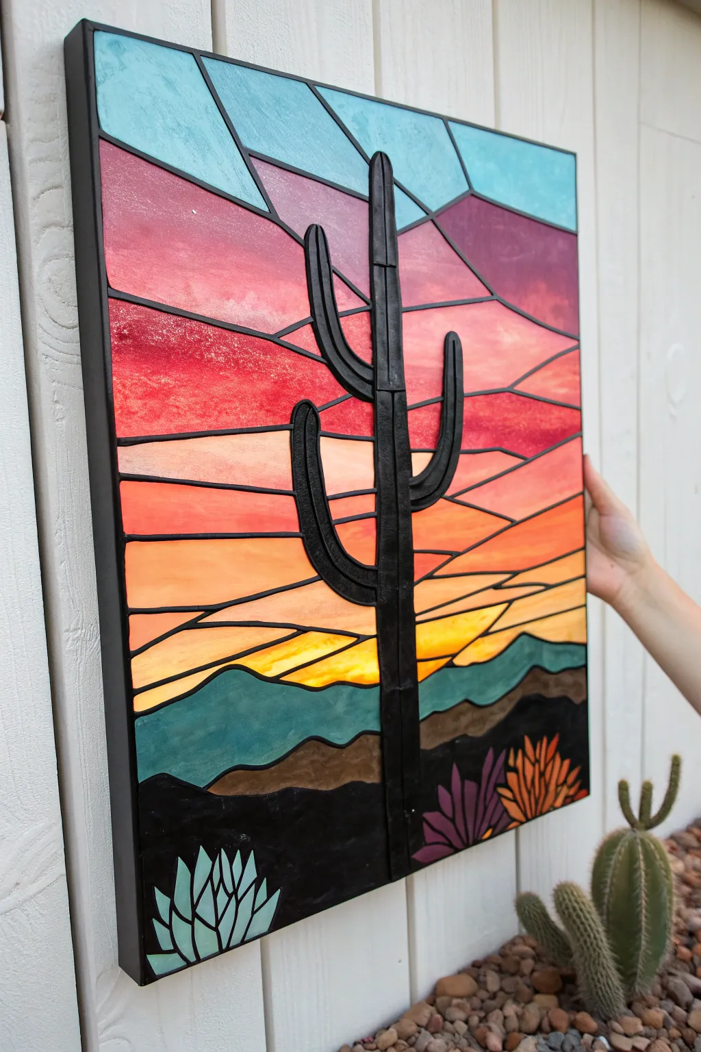 Stained-glass cactus sunset: bold blocks of color and clean black lines for easy sip and paint