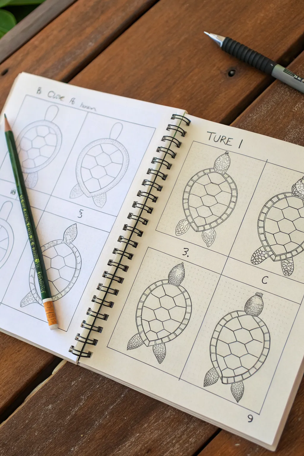 Sea turtle shell with a light hex grid, shown in 6 simple sketch steps for easy practice