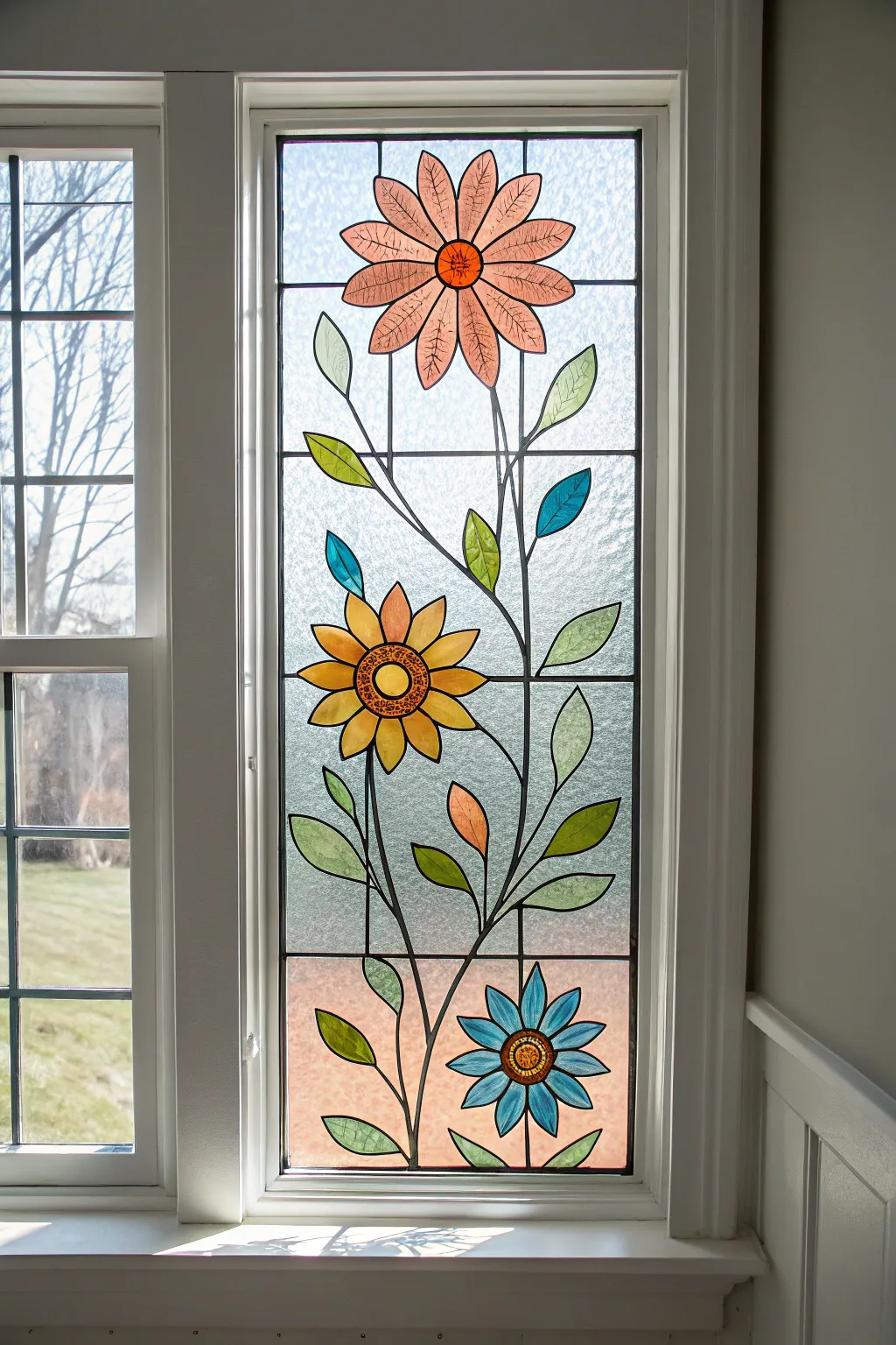 Faux stained glass spring florals with bold translucent color and crisp black outlines