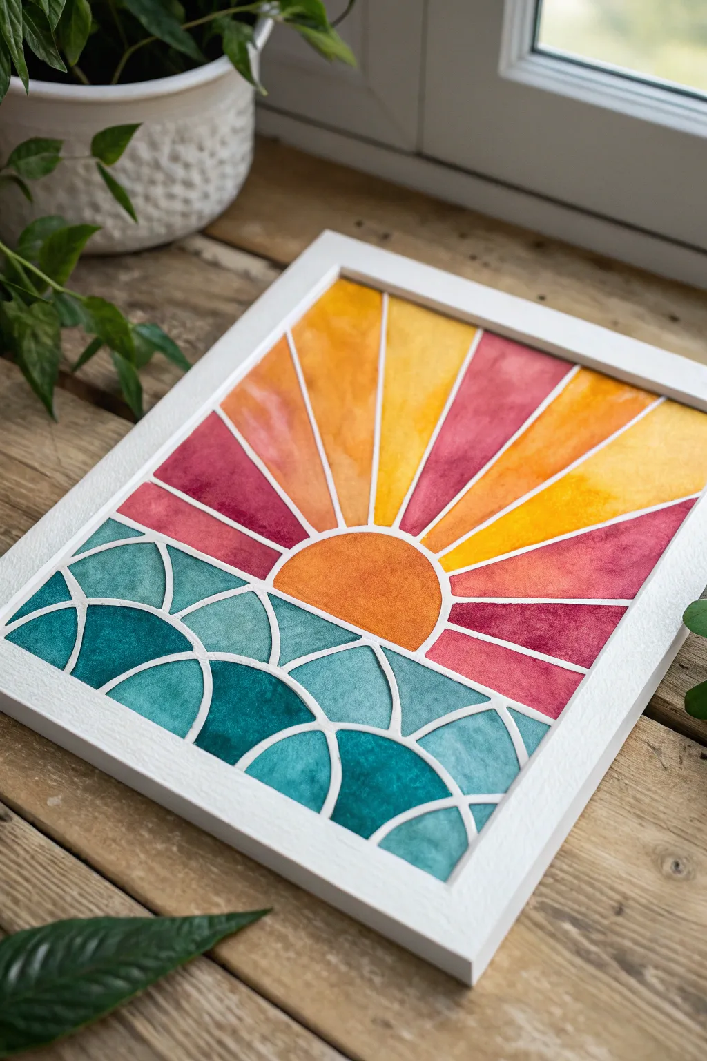 Stained-glass style sun painting with crisp white dividers and warm sunset gradients.