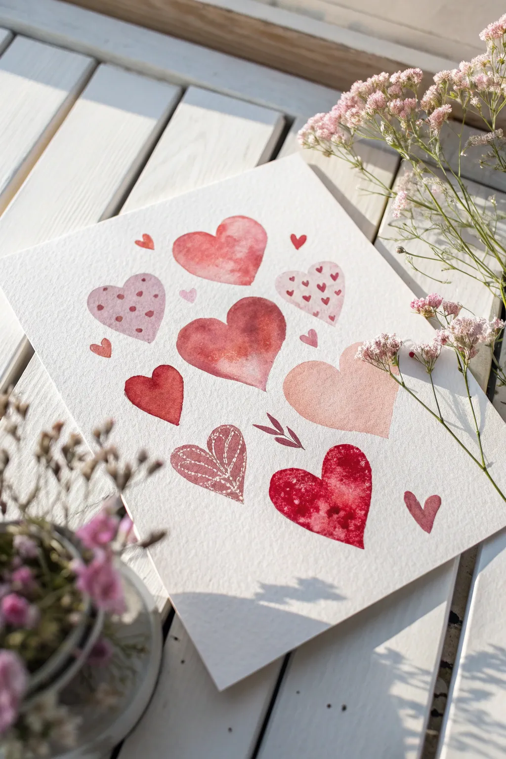 Salt-bloom watercolor hearts in red and pink for an easy, dreamy Valentine painting idea.