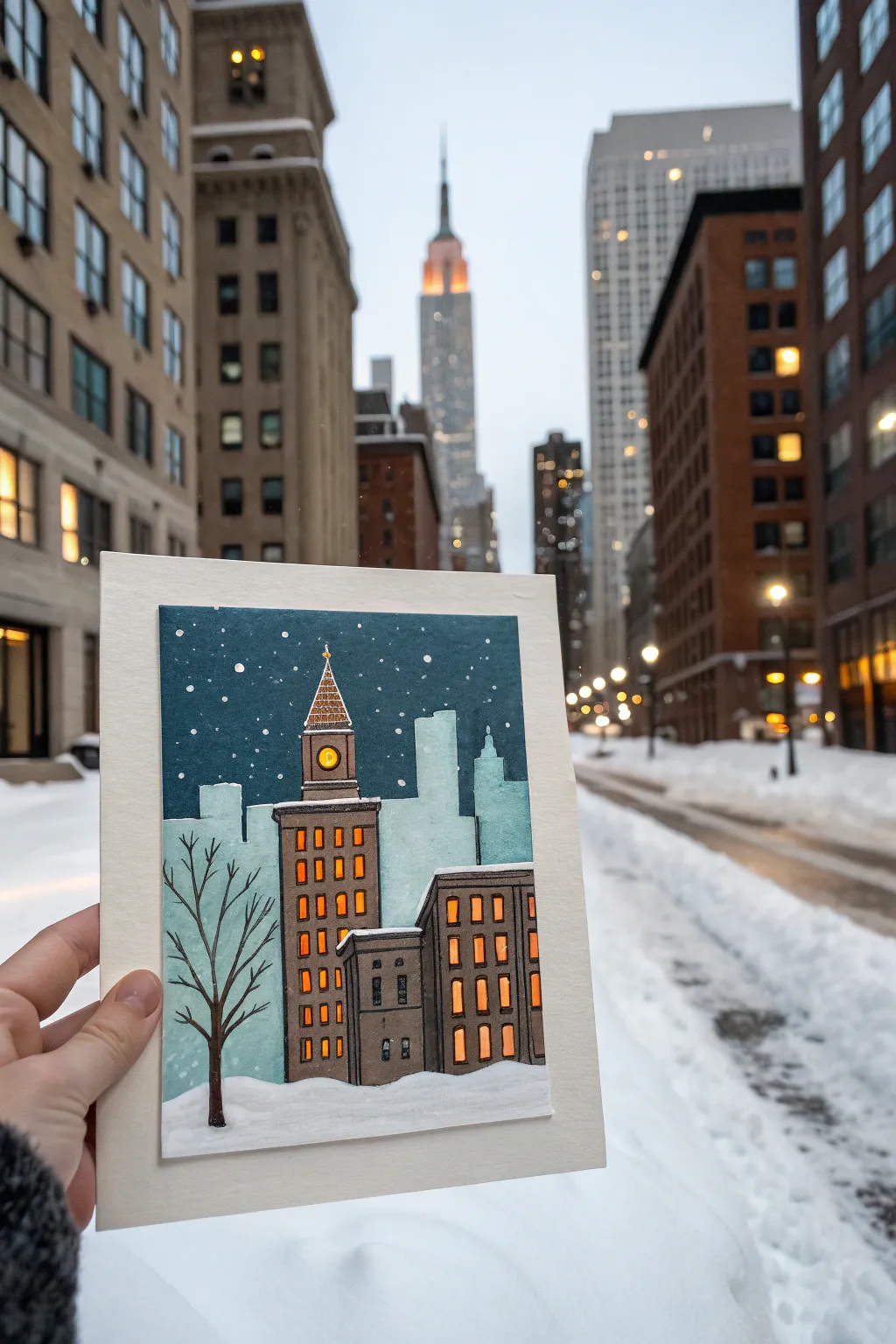 Snowy skyline painting with elegant windy swirls, bold contrast, and cozy minimalist winter vibes