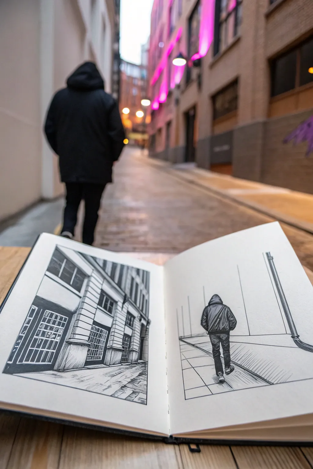 Neon alley silhouette drawing idea: inky black shapes with electric cyan and pink glow contrast