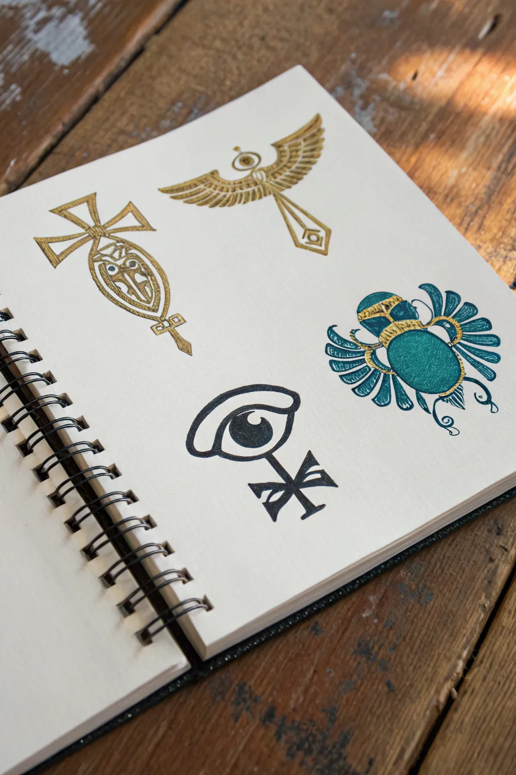 Gold and lapis limited palette Egyptian motifs on a clean sketchbook page, minimalist and bold