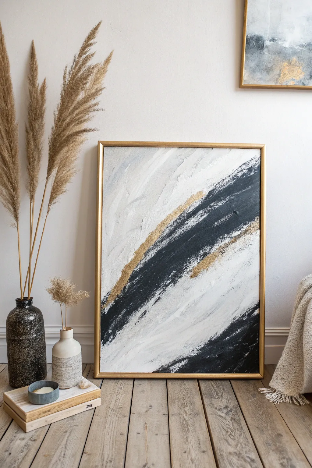 Oversized calligraphy strokes with a fine metallic gold whisper line for minimalist boho elegance