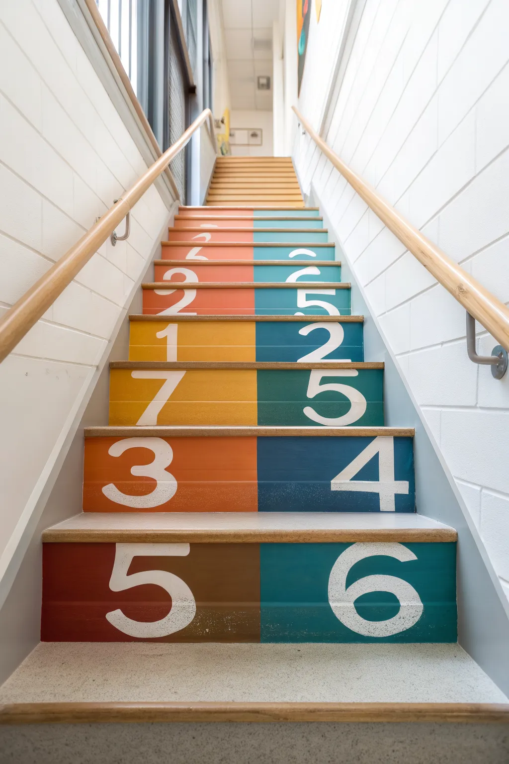 Bold color-block stair risers with simple numbers turn a hallway staircase into a learning path.