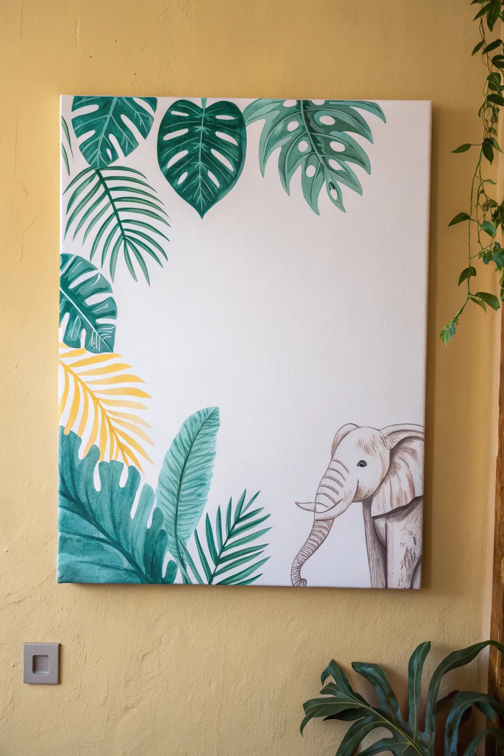 Negative-space elephant silhouette surrounded by bold jungle leaves, a chic minimalist acrylic idea.