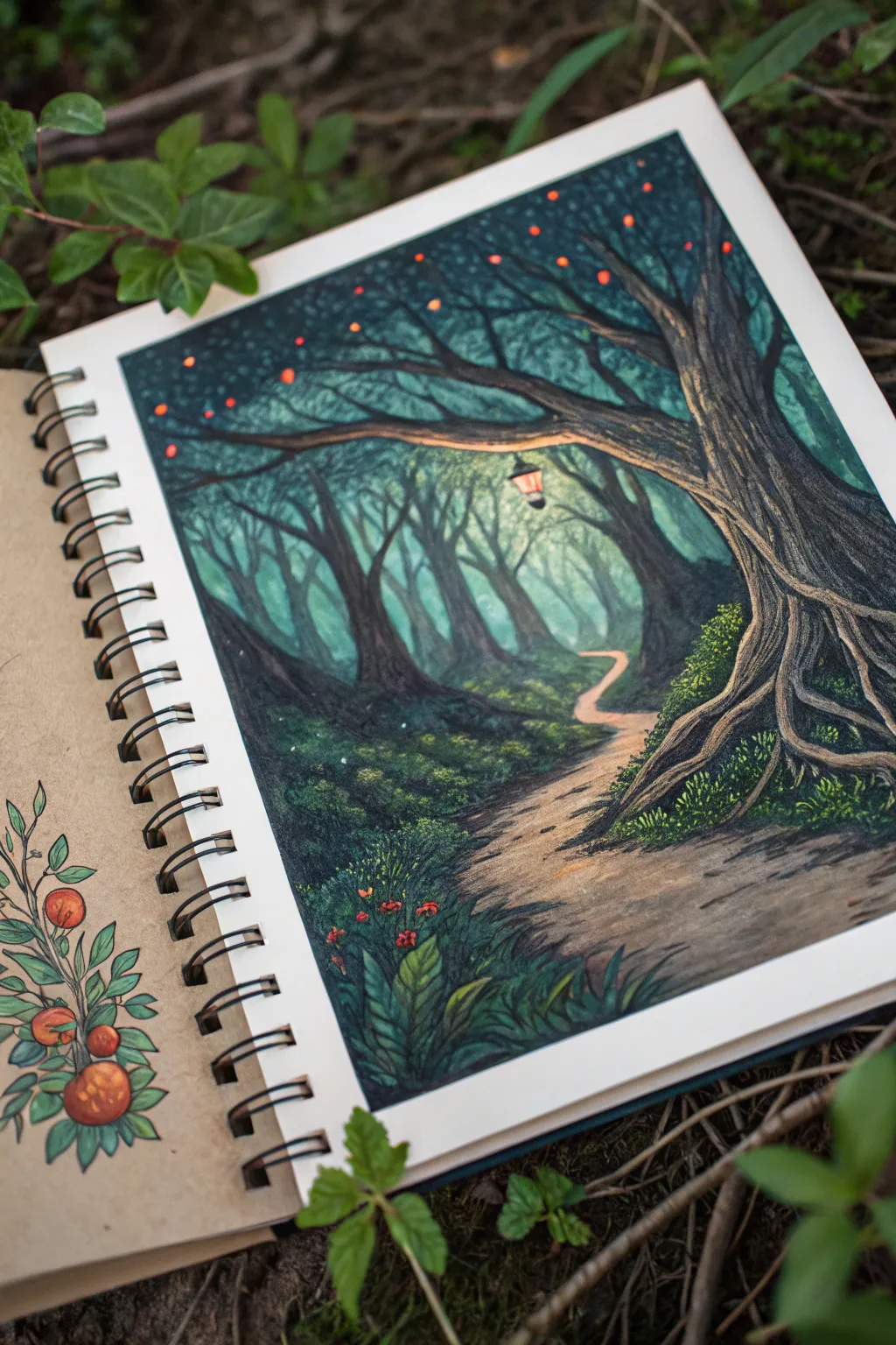 Upturned forest sketch with roots in the sky, glowing fruits above, and a tiny path below