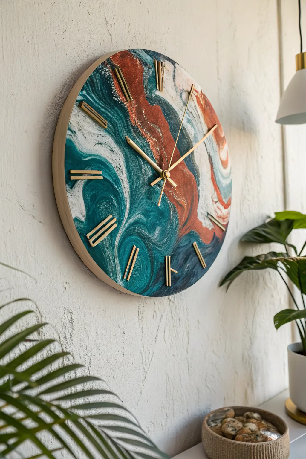 DIY resin clock face with bold abstract pour, glossy finish, minimalist wall styling