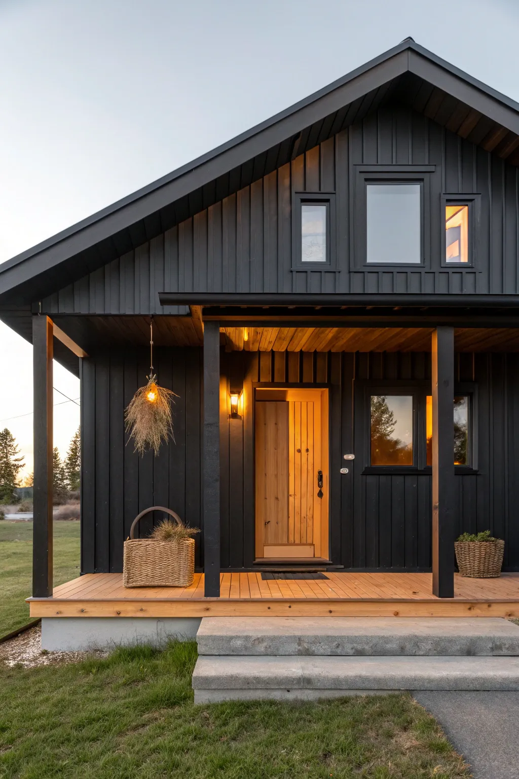Deep moody exterior paint with warm wood and golden light at golden hour for cozy curb appeal.