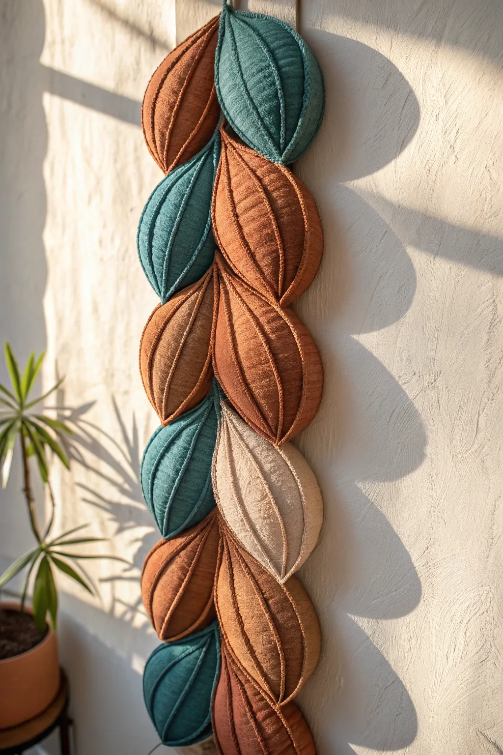 Handcrafted stuffed fabric wall pods with dramatic side light for bold minimalist texture