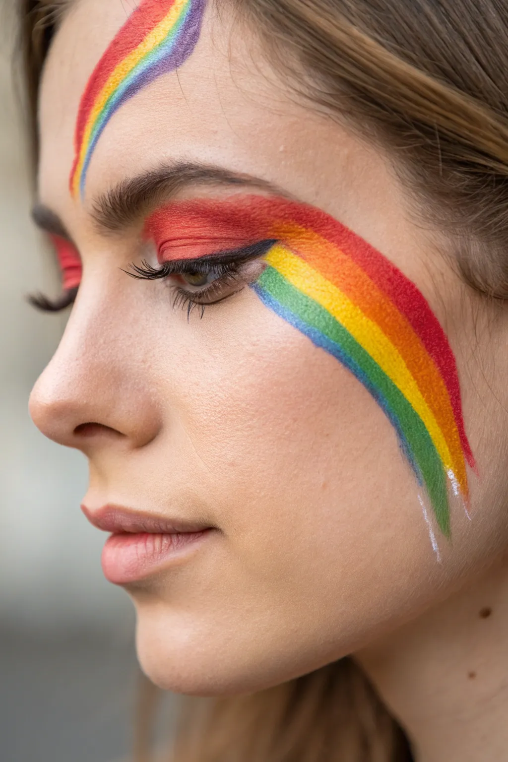 Minimal rainbow eye swoop with crisp white highlights and tiny cloud accents for dreamy face paint