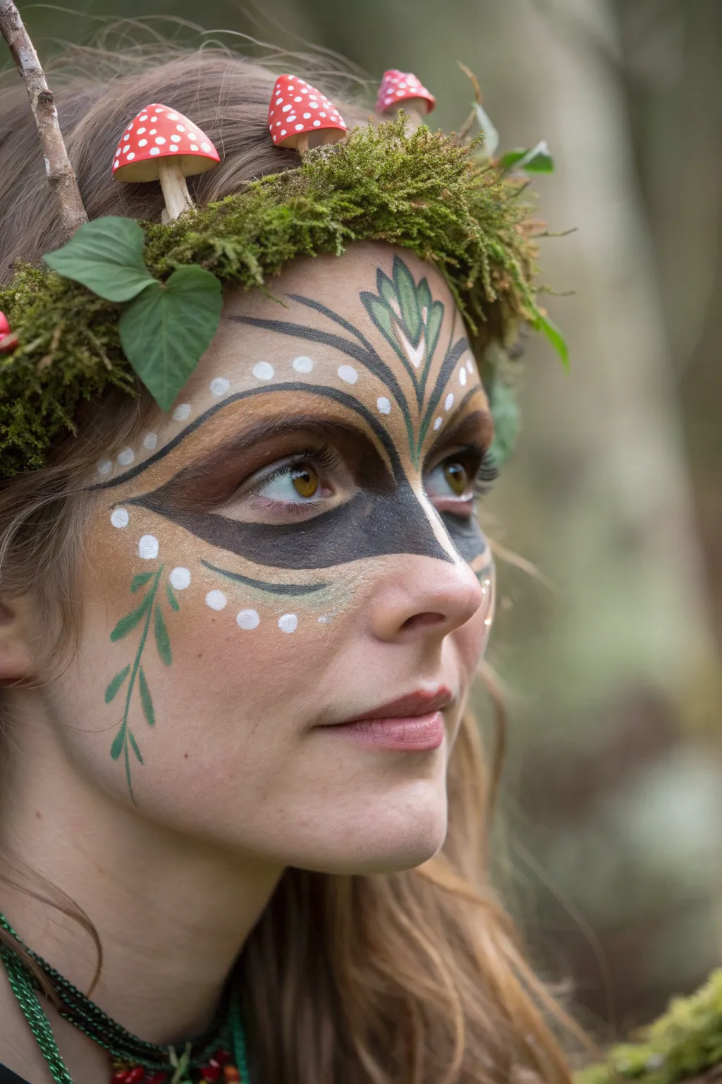 Mushroom ring forest fairy face paint with wing mask, tiny toadstools, and mossy dots