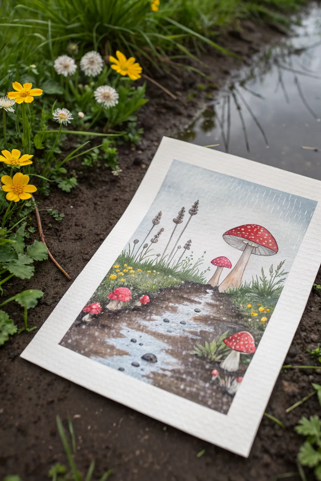 Rainy fairy garden path with puddle reflections, glossy leaves, and a subtle fairy silhouette