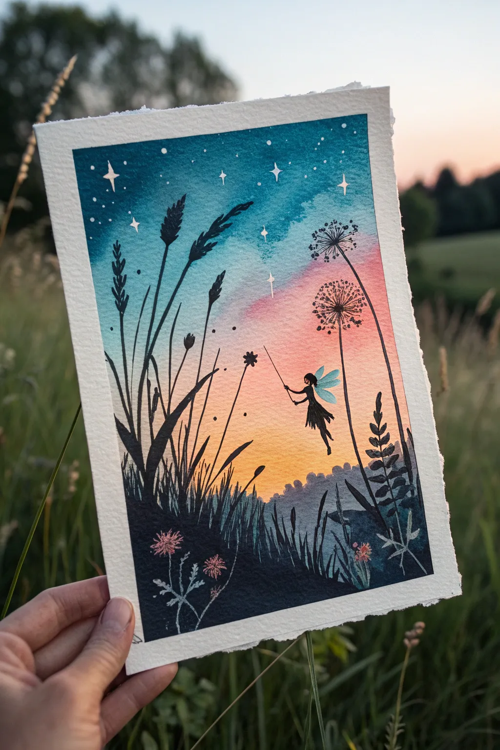 Glowing fairy above silhouetted wildflowers in a twilight meadow painting, minimalist boho charm.