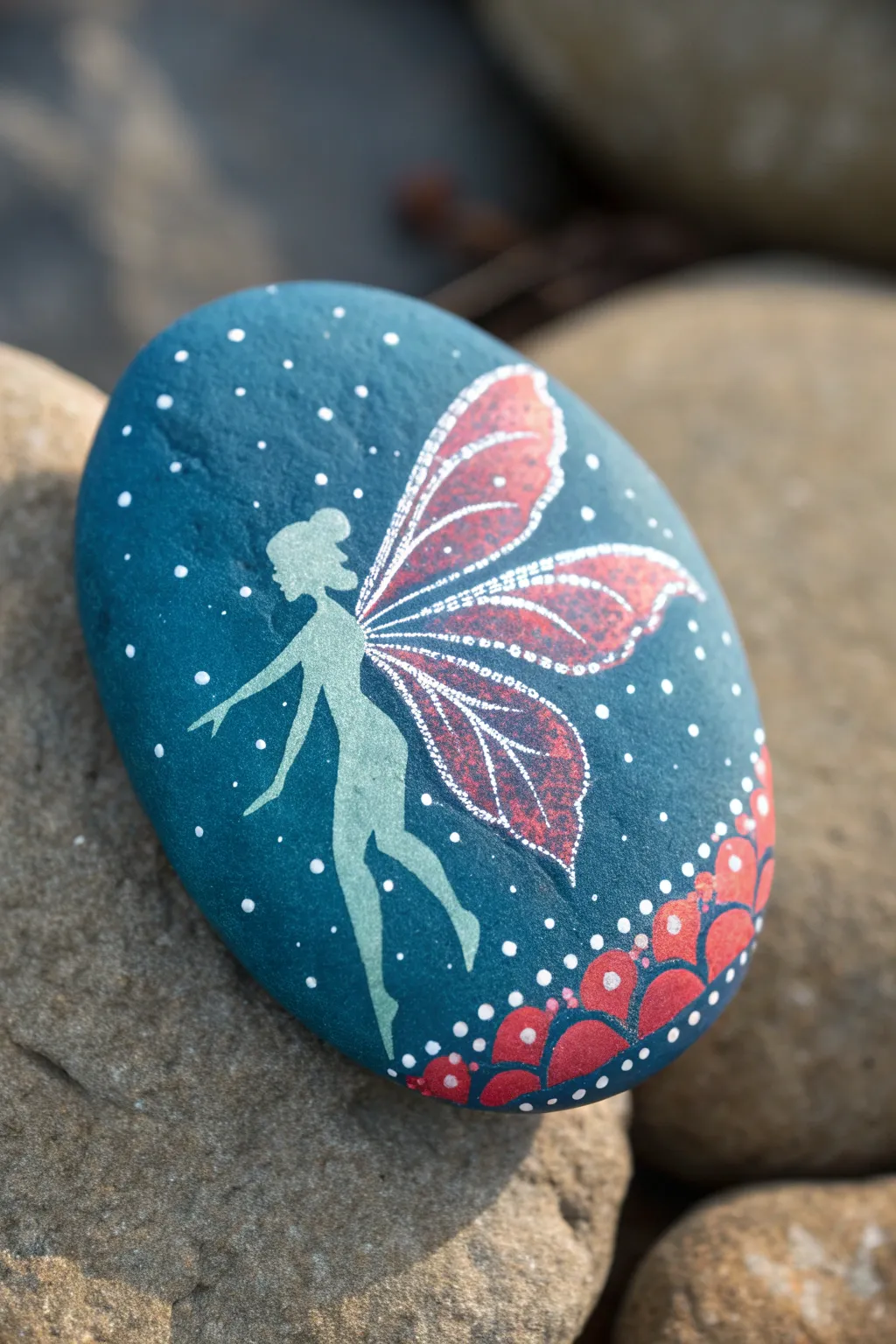 Mixed-media fairy collage rock: bold painted base, delicate cutout wings, and hand-painted glow