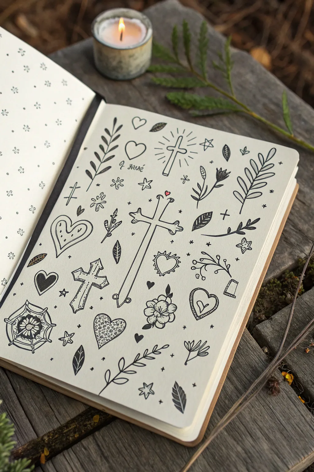 Faith symbol doodle collage in a minimalist sketchbook, bold ink lines and warm watercolor pops