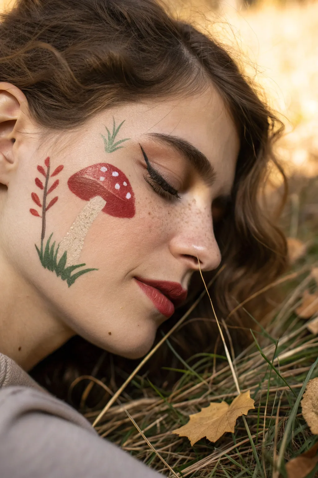 Cozy fall cheek art: tiny mushrooms, grasses, and leaves with grounded, soft shadows.