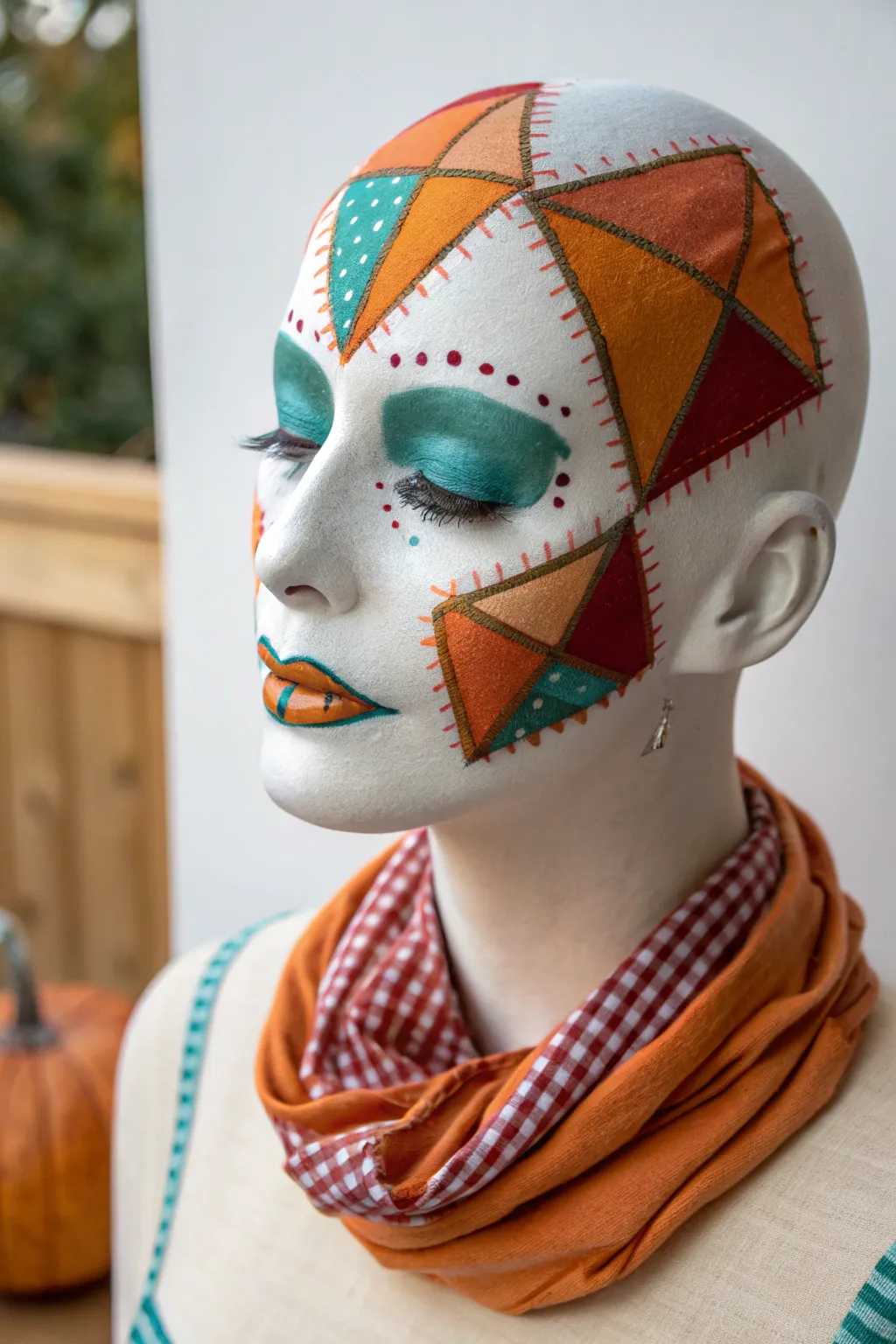 Patchwork pumpkin face paint inspo with stitched charm, bold color blocks, and coppery fall glow