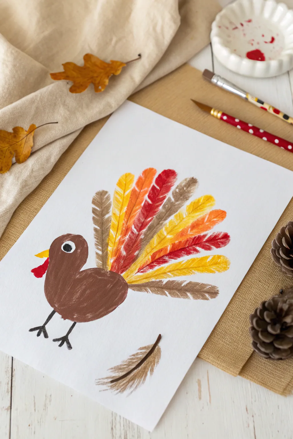 Easy fall turkey tail craft with a bold fingerprint fan in warm autumn colors on clean white paper