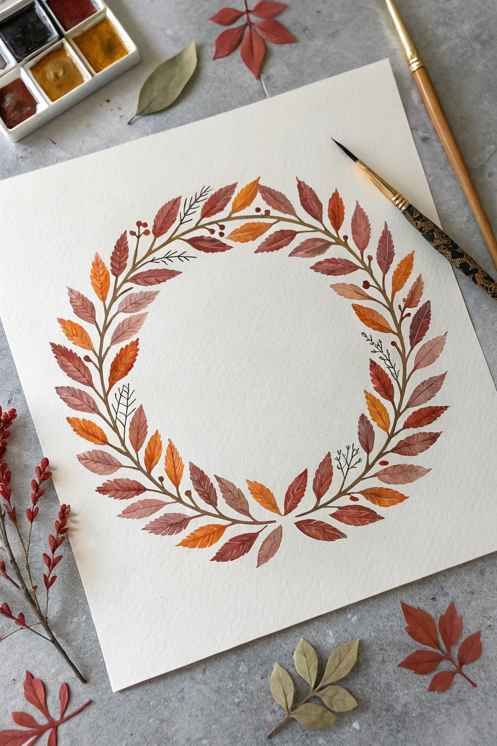 Easy fall wreath painting idea: bold orange-red leaf shapes with a clean minimalist center