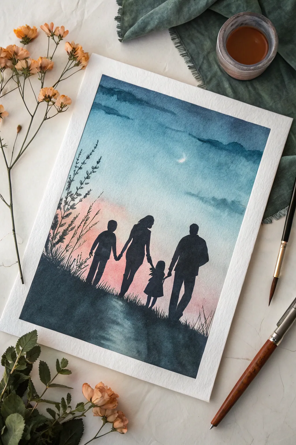 Moody watercolor family silhouette painting idea for a simple, connected keepsake you can make at home.