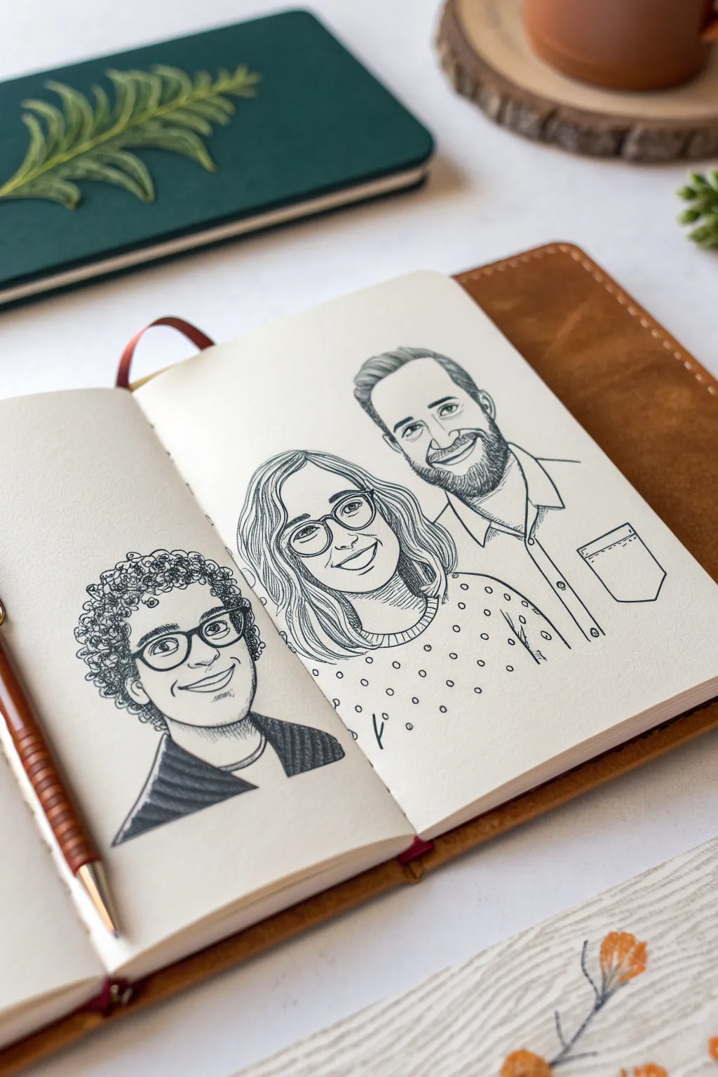 Playful family caricature lineup with signature features, minimal lines, and bold color pops
