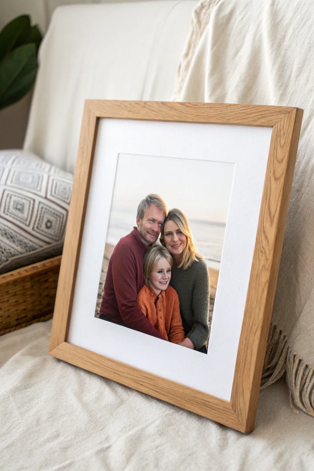 A serene memorial family portrait print with an empty chair and soft halo, calm and honoring.