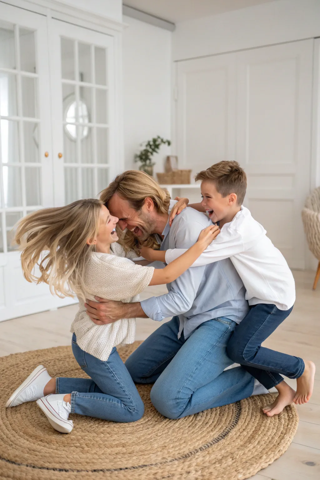 Play-based family portrait idea: a real mid-laugh huddle moment in calm Nordic-boho style