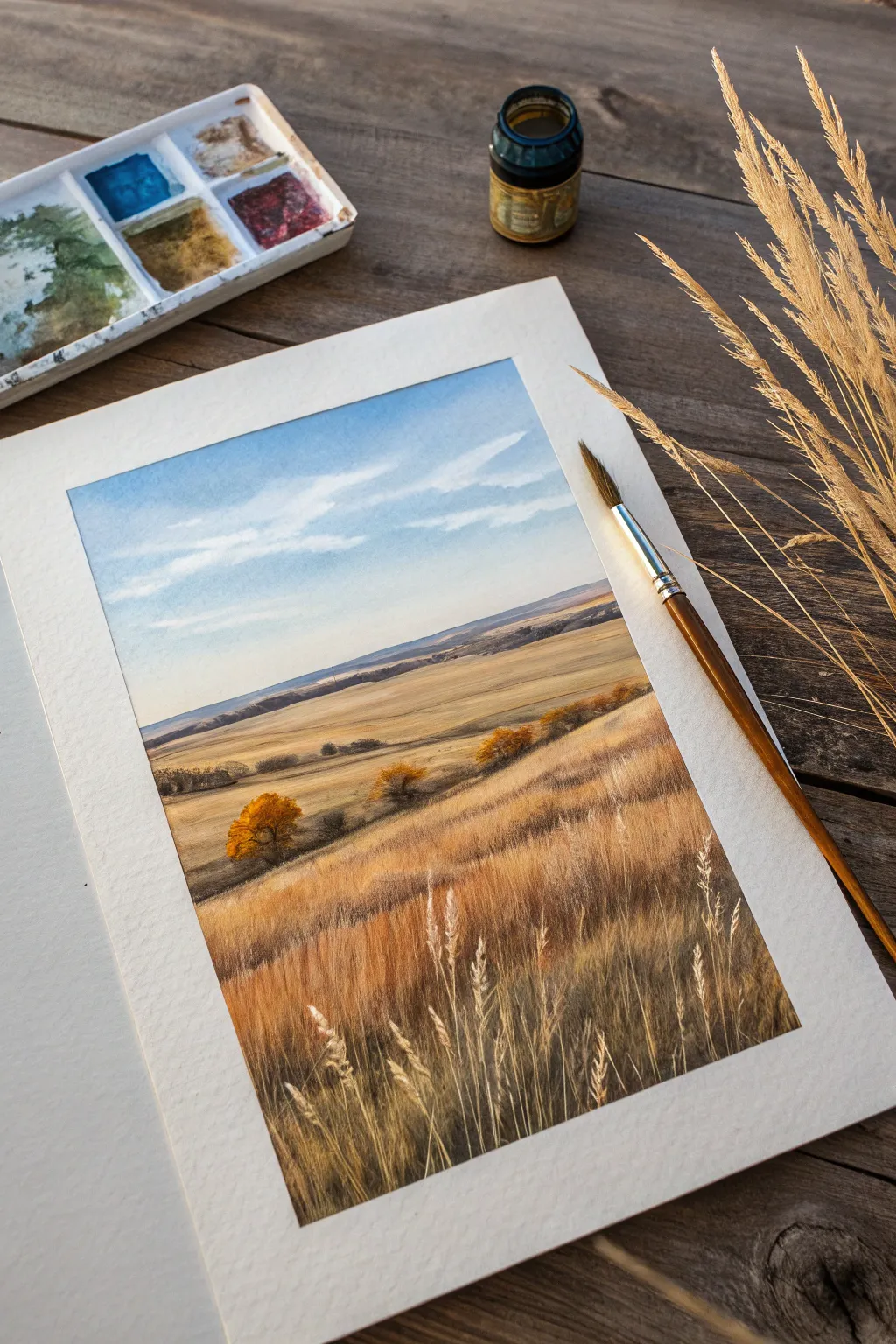 Fan brush prairie rows and prairie wind with bold sky, simple strokes, and handmade texture