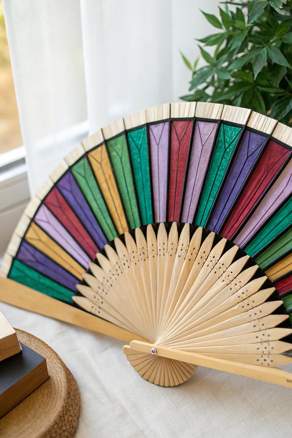 Faux stained glass lines turn a simple folding fan into a jewel toned, minimalist boho statement.