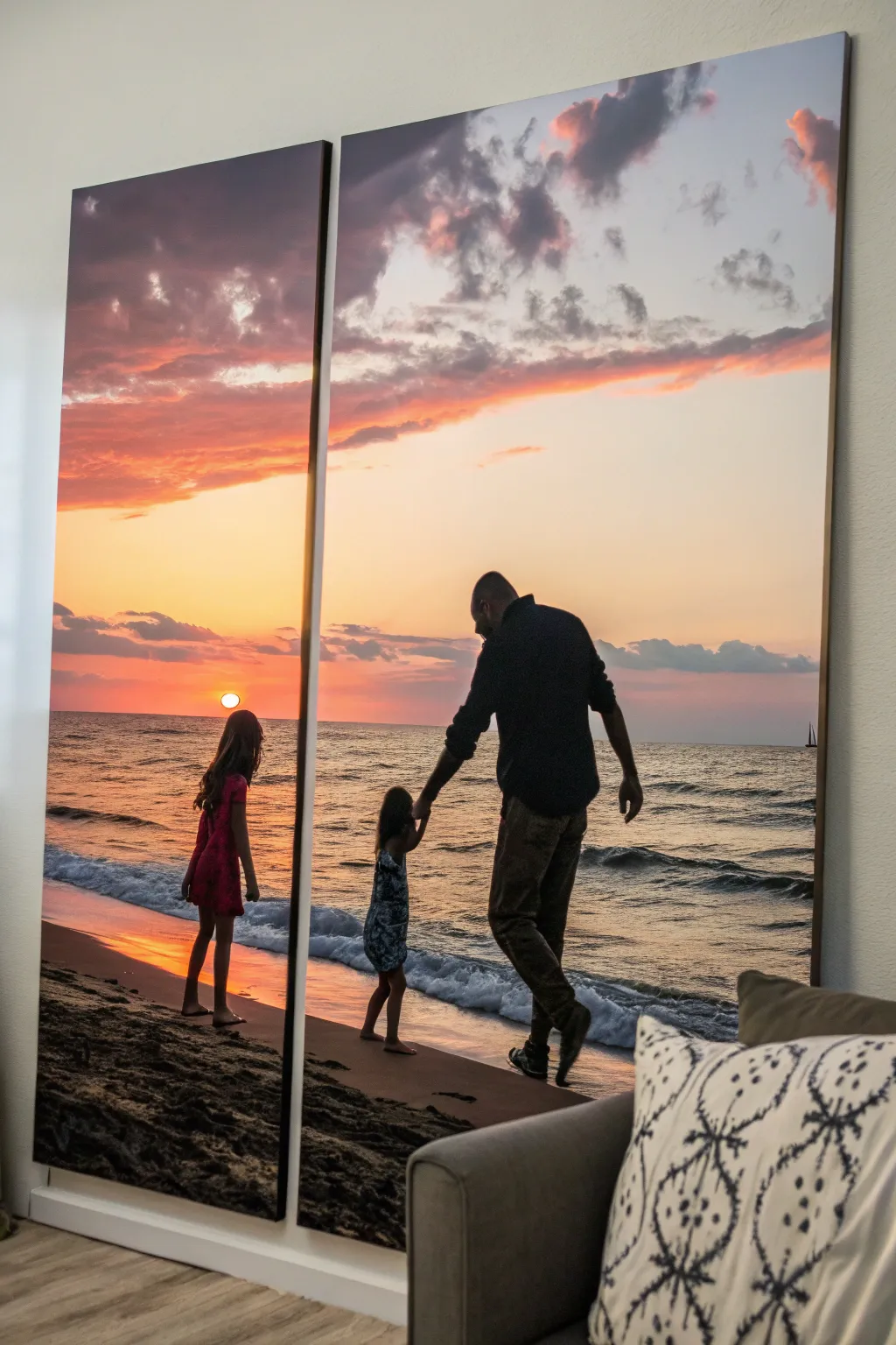 Triptych painting idea: father and daughter through the years in bold sunset tones