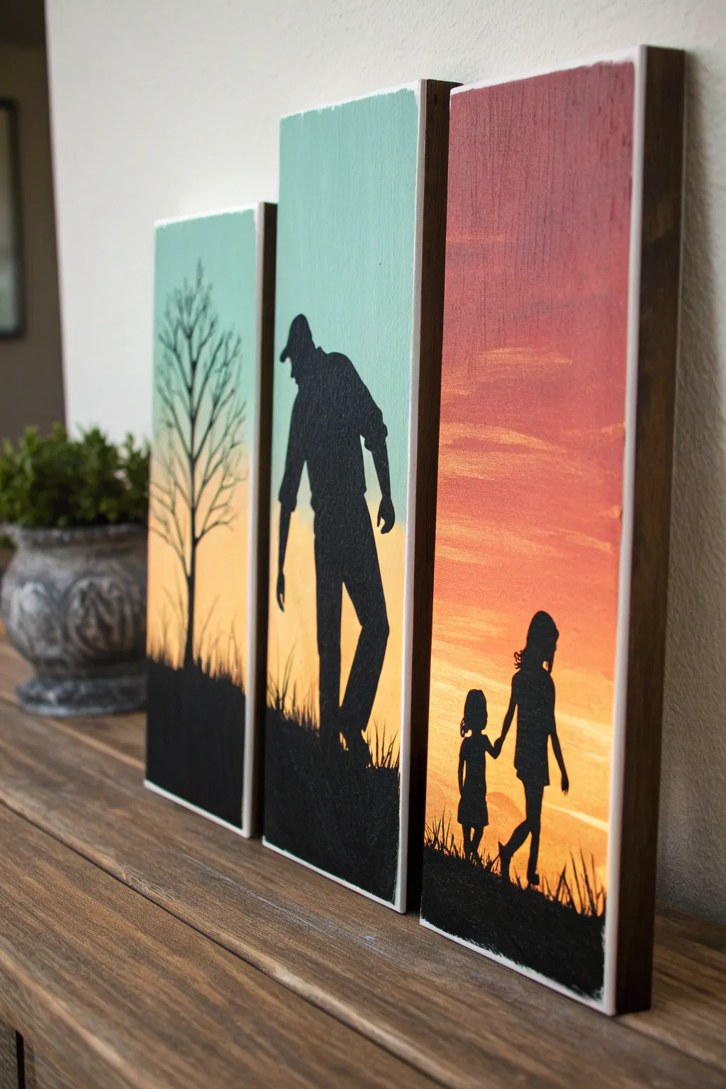 Simple triptych silhouettes capturing father and daughter through the years in bold, warm color blocks