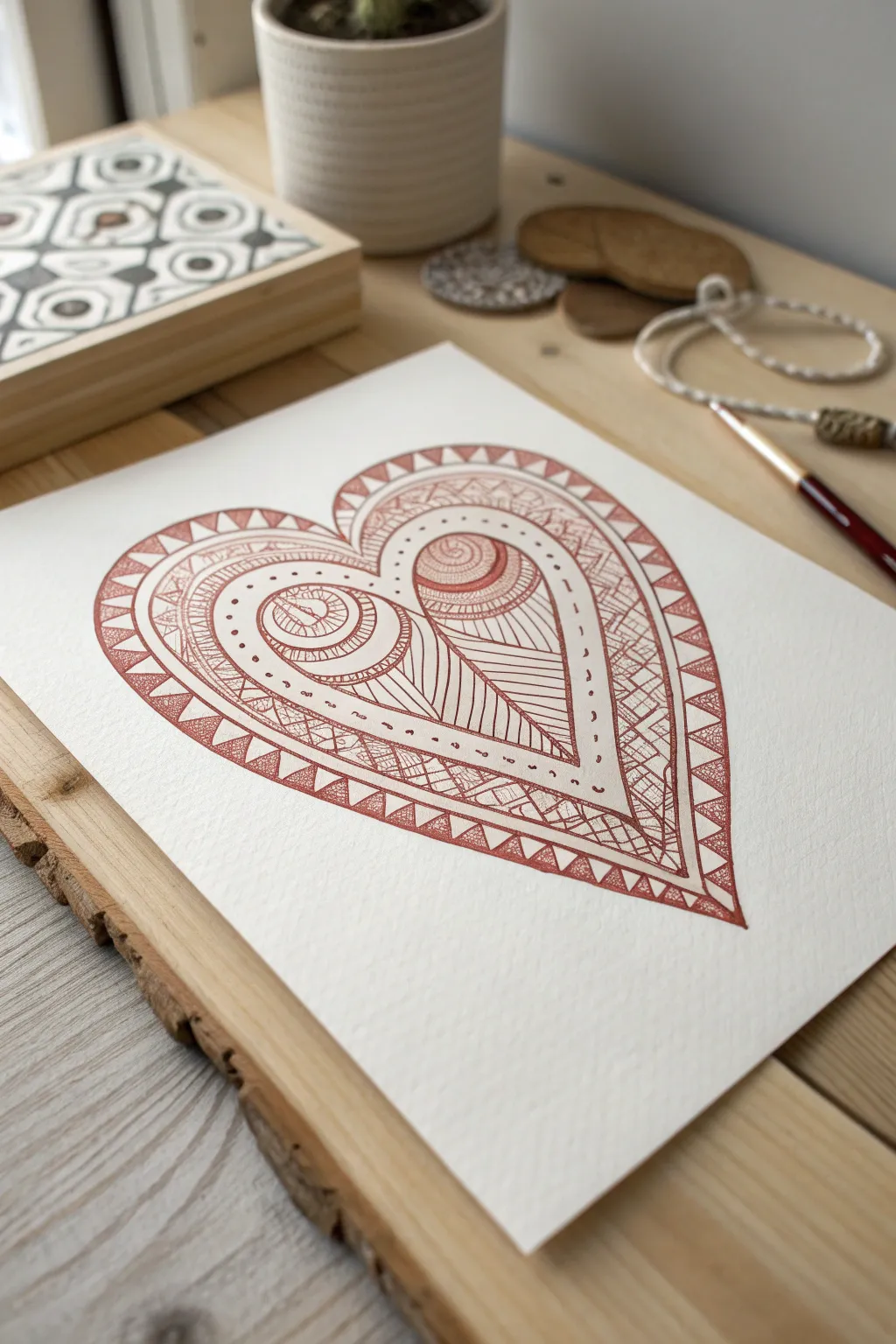 Zentangle heart fill patterns in February reds and blush tones, minimal, bold, and soothing