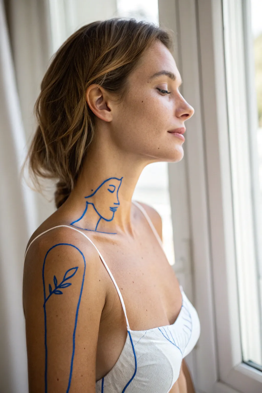 Minimal single-line body art: a clean feminine silhouette in bold pigment on sunlit skin.